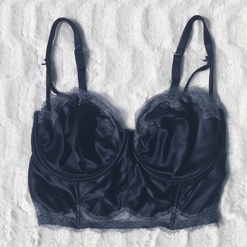 Victoria's Secret Navy Blue Satin Longline Lace-Trim Bra